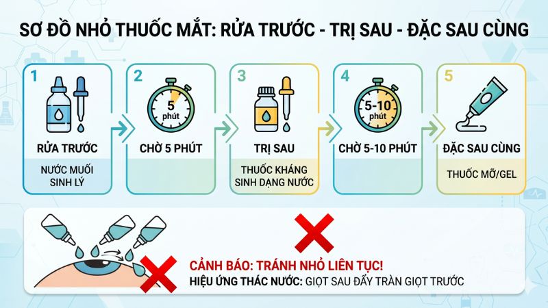 Sơ đồ thứ tự và khoảng cách thời gian khi dùng thuốc nhỏ mắt viêm kết mạc