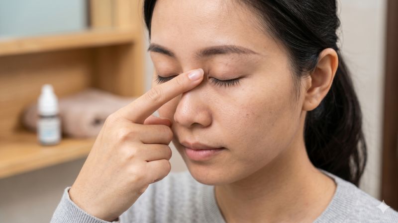 Hướng dẫn thao tác ấn khóe mắt chặn ống lệ mũi để thuốc không chảy xuống họng